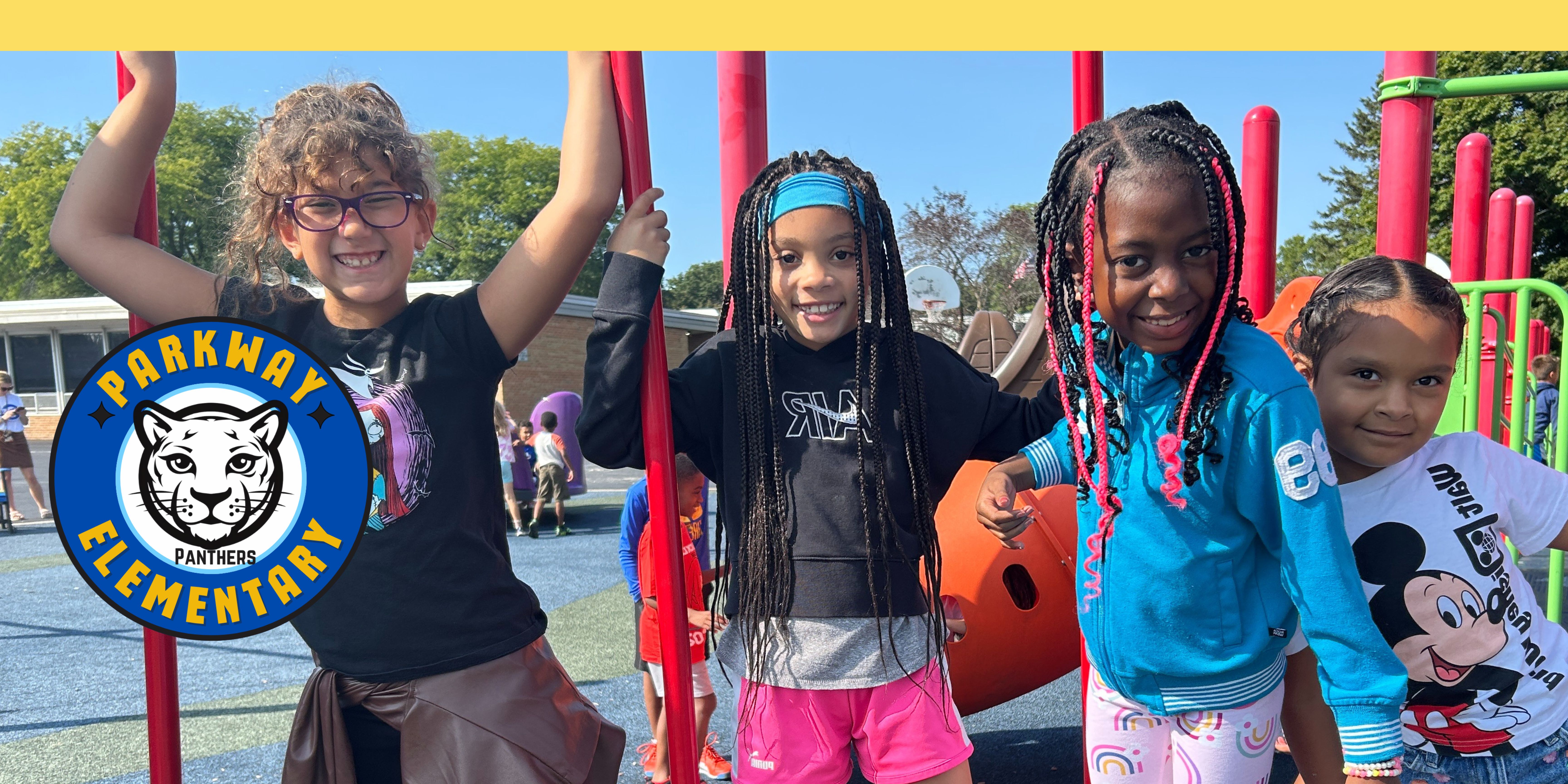 blue and yellow parkway panther school logo with four girls on playground